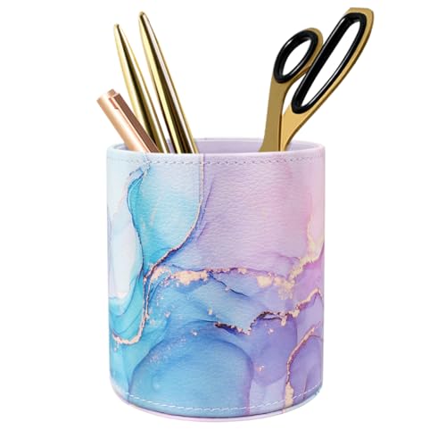 Image of Large Capacity Colored Pen Holder for Desk, Leather Pencil Holder Pen Cup Marker Holder Makeup Brush Holders, Desk Accessories & Workspace Organizers for Home, Office, Pink Blue Marble
