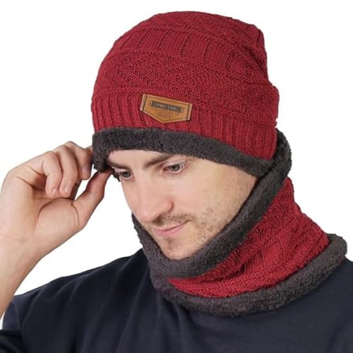 Image of K D Winter Wear 2-in-1 Woolen Beanie Cap & Muffler Set for Men & Women | Soft Thermal Wool | Fleece-Lined | Head & Neck Warmer | Unisex Winter Accessories (Cap /Muffler - Maroon Red)