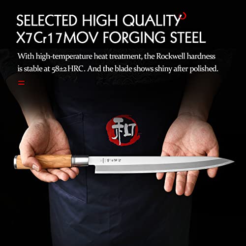 Hezhen 270Mm Sashimi Knife,Japanese Style Forging Steel Yanagiba Knife,Sushi Knife Filleting Slicing Salmon Cutting Knife ,D-Shaped Olive Wood Handle With Wooden Knife Sheath #TOP6