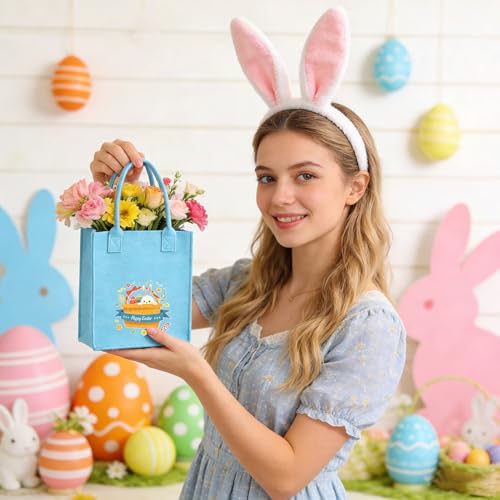 3 Stück Ostern Filztaschen Geschenktaschen,Ostertasche mit Henkel,Osternest mit Hase,Ostertüten Aufbewahrung,Osterkörbchen zum Befüllen,Oster Geschenktüten für Eiersuche Blumen Partyzubehör Dekoration