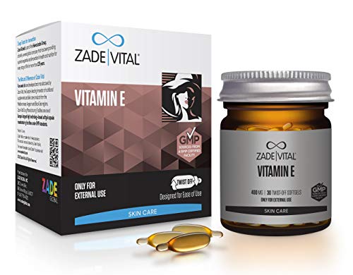 Zade Vital Vitamin E Revitalizes and Protects Skin & For Use as DIY Cosmeceuticals & Makeup in Twist-Off 30 Softgels, Easy to Use, 100% Cold Press, Non GMO, GMP, 1 Month Supply