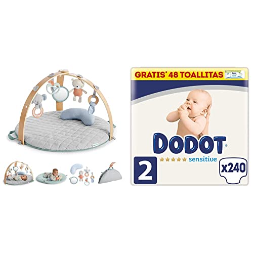 Ingenuity, Gimnasio de Actividades Reversible Cozy Spot Loamy, manta de suelo acolchada, arco de juego de madera, 1 Unidad (Paquete de 1) & Dodot Pañales Bebé Sensitive Talla 2 (4-8 kg), 240 Pañales