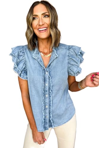 Trendy Button-Up Frayed Denim Top in Beau Blue - Summer Essential