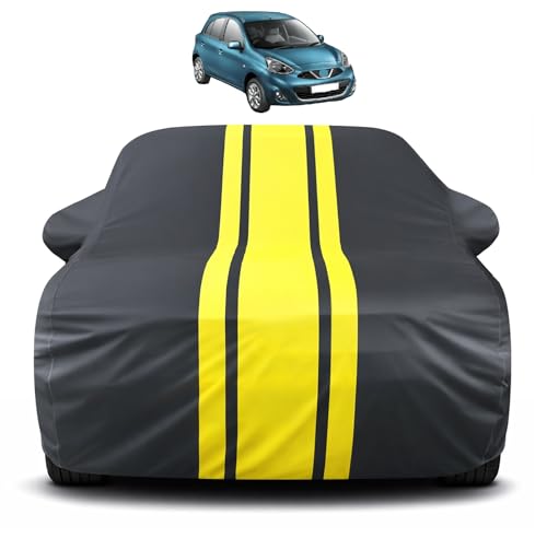 Image of Auto Hub Car Cover Compatible with Nissan Micra with Mirror Pocket, Soft Cotton Lining, Micra Car Cover Waterproof - Yellow-Black