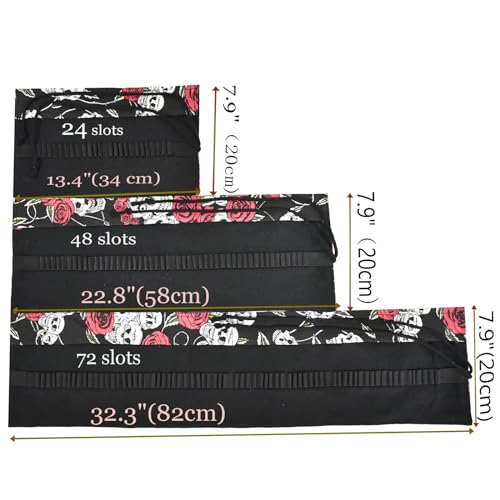 Image of Rose Pattern Colored Canvas Pencil Wrap Pencil Case Roll Up Holders Skull Pencil Organizers for Artist Adult Coloring Sketching Travel Storage With 72 Slots (Skull Rose)