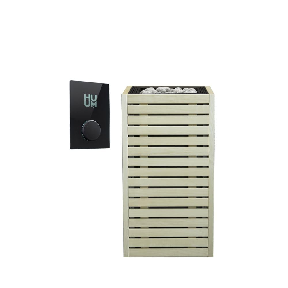 HUUM CORE6 6.5KW Series, Sauna Heater, Customizable Exterior with Control (Sauna Stones Included) (6.5kW Apsen Wood - Black Stainless Steel Inlay, UKU WiFi - Glass)