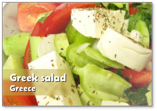 Imán para nevera con ensalada griega con queso feta, pimentón, pepino y tomate