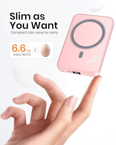 A ADDTOP Magnetic Power Bank 10000mAh- 20W Schnelllade iPhone Ladegerät for Magnetisch, UltraSlim Wireless Portable Charger with USB-C In&Out, LED Display Akku-Pack für iPhone 17/16/15/14/13/12 Rosa 6