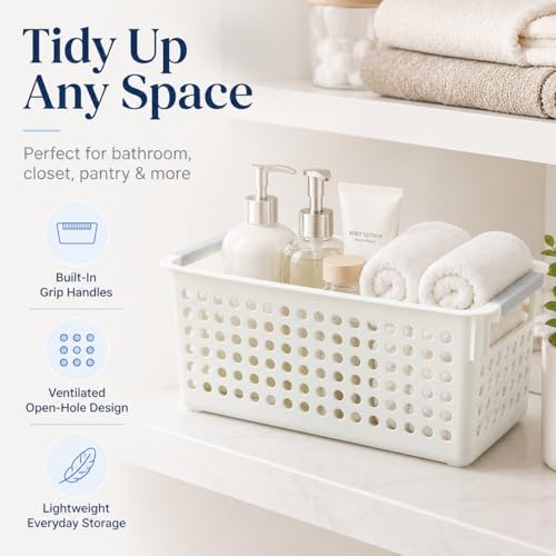 Image of Basicwise Set of 3 White Rectangular Plastic Storage Basket with Easy-Grip Handles Ventilated Organizer Bin for Bathroom Pantry Closet Laundry Kitchen Shelf Countertop & Home Organization Essentials