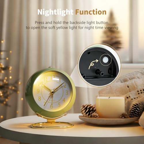 Azxb Analog Alarm Clock, Retro Small Desk Clock with Night Light, Cute Simple Design, Silent Non-Ticking, Battery Powered, Backlight Clock for Bedroom,Travel,Kitchen,Bedside Desktop Decor — view 5