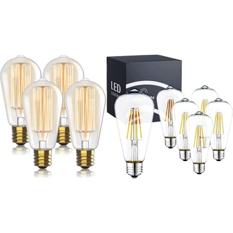 Vintage Incandescent Edison Light Bulbs 60W (4 Pack) & Vintage Edison LED Light Bulbs 6W (6 Pack) 2100K Dimmable Decorative Lightbulbs ST64 Style Warm Light LED Light Bulbs 60 watt Equivalent - 5000K Cover