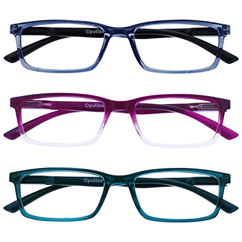 Image of OPULIZE SEE Reading Glasses with Blue Light Blocking for Women and Men, Narrow Frame, Spring Hinges, Computer Gaming Glasses, Blue,Purple,Turquoise +2.5 (Pack of 3)
