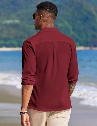 Image of DEELMO Mens Casual Button Down Shirt Summer Beach Shirts Long Sleeve Cuban Collared Tropical Textured Shirts