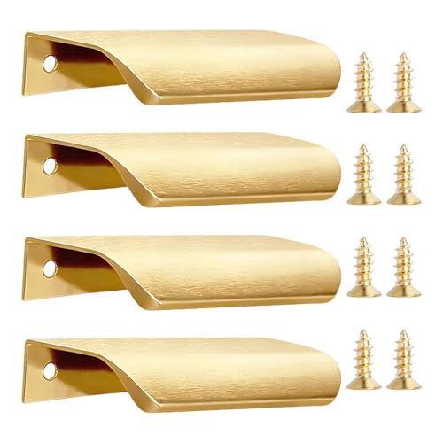 4 Pcs Gold Kitchen Cupboard Handles 80mm Brushed Gold Handles Aluminium Alloy Concealed Handle Finger Edge Pulls Modern Drawer Handle with Screws for Kitchen Cabinet Drawer Closet Door