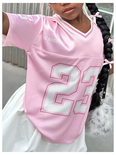 Image of WDIRARA Girl's Number Graphic Jersey Shirts Short Sleeve V Neck Tees Oversized T-Shirt Tops