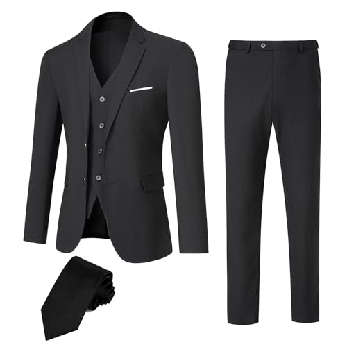 Men's Suit Slim Fit 3 Pieces Suit Set, Business Casual Suits for Men Two Button Soild Jacket Vest Pants Set with Tie