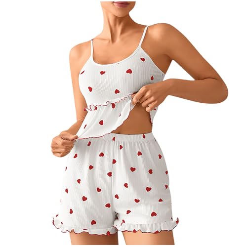 Ruffle Cute Camisole Sleepwear 2 Piece Set Ribbed Spaghetti Strap Cami & Shorts Lounge Set Crop Top with Bottoms