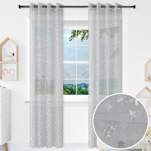 BOD HOME 2 Piezas Cortina Infantil Translúcida para Habitación de Niños/Niñas, 140 x 260cm Ancho x Alto, Cortina Dormitorio Infantil Gris con Diseño Estrellas Plateadas, Material 100% Poliéster
