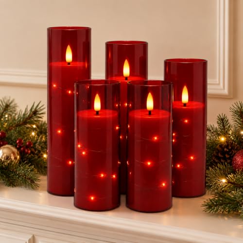 Image of Da by 5 Pack Red Transparent Acrylic Flameless Taper Candles, Flickering Black Wick LED Candles with Copper Wire Lights, Heat Resistant ABS Candles with Remote for Indoor Outdoor Decor