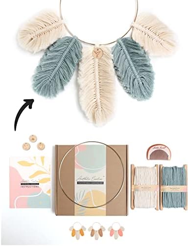 DIY Macrame Kit, Feather Dream Catcher Wall Hanging Kits for Teens & Adult Beginners, Craft Supplies for Boho Art Project-Macrame Cord, Gold Hoop, Accessories & Instructions (Agave)
