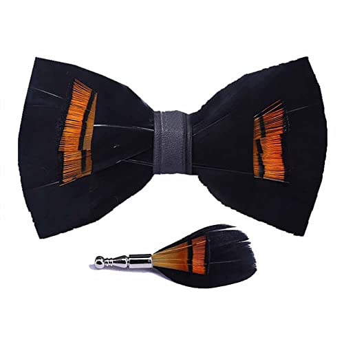 Sadiyamo Feather Bow Tie Feather Necktie Peacock Pre-tied Bow Tie and Brooch Sets with Product Box