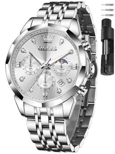 Image of OLEVS Watches for Men Stainless Steel Dress Men Watch with Date Big Face Chronograph Waterproof Luxury Fashion Watch Blue /Black /Gold /Green /Silver Face Relojes para Hombres