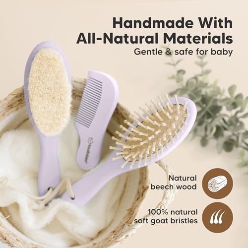 Image of Wooden Baby Hair Brush Set for Newborns, Toddler Comb (Thistle, Regular) | Soft Goat Bristle, Baby Brush and Comb Set, Infant Grooming Kit, Cradle Cap Care, Durable & Gentle, Boy, Girl Bath Essential