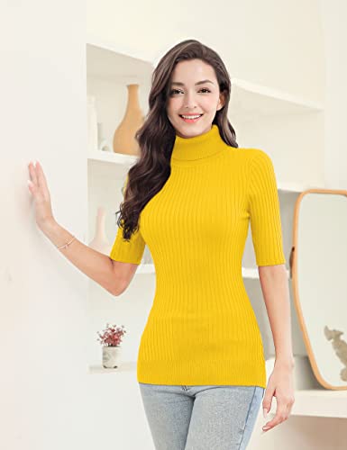 Image of v28 Women Turtleneck 1 /2 Half Sleeve Highly Stretchy Ribbed Knit Fitted Sweater