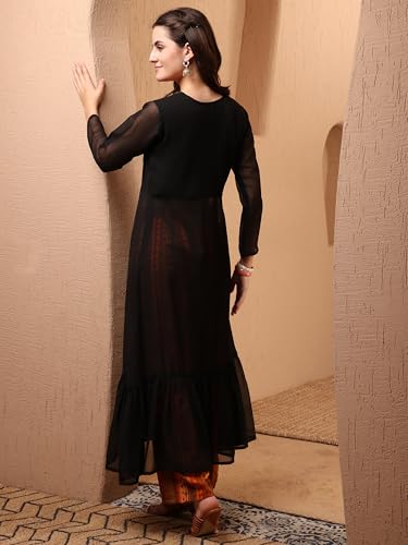 Image of EthnicJunction Women's Georgette Embroidered Hight Front Slit A-Line Co-ords Set | Kurta Palazzo Set | Office wear Kurta Set Kurta Set