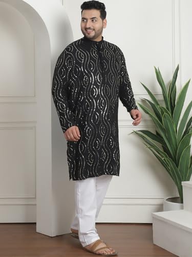 Sojanya Plus (Since 1958) Men's Pure Cotton Designer Black Kurta With White Churidar Pyjama