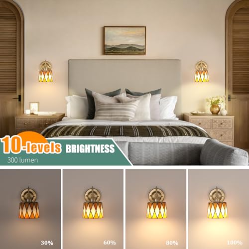 Image of Vintage Battery Operated Wall Sconce Set of 2, 5000mAh Rechargeable Wall Lamp 12 RGB Colors Dimmable, Gold Lights Fixture for Bedroom Bathroom Living Room Hallway Orange Checker