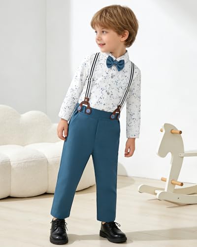 Image of ZOEREA Toddler Boy Suit Formal Wedding Outfits Gentleman Clothes Long Sleeve Shirt + Suspender Pants + Bowtie