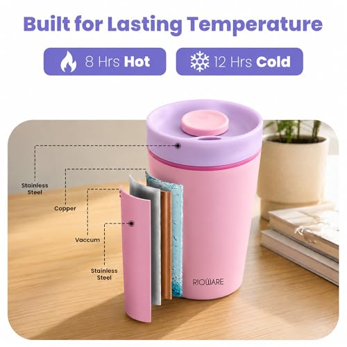 Image of Rioware Vacuum Insulated Coffee Mug Travel Tumbler for Men | Tea Thermos Flask Mugs | Temperature Control Traveling Spill Proof Sipper Bottle | Hot 8 Hrs & Cold 12 Hrs - 350ml - Pink