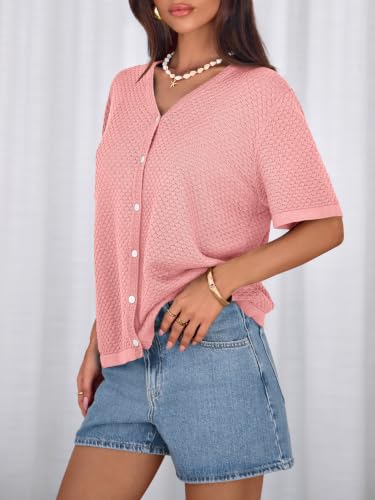 Image of NALANISA Women's Short Sleeve Sweater Spring Summer Crochet Knit Tops 2026 V Neck Striped Button Down Dressy Casual Blouses