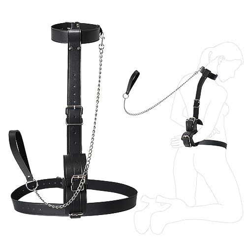 Sex Bondage BDSM Kit Neck to Wrist Behind Back Handcuffs Collar Choker with Chain Leash, Adjustable Leather Restraints Bondage Gear & Accessories,Adult Sex Straps Fetish SM Slave Sex Toys for Couples