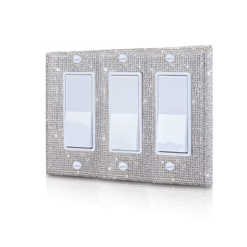 Image of Shiny Silver Rhinestones Wall Plates Light Switch Decorative Cover Plate Single Toggle For Kitchen Bathroom 3 Gang Rhinestones Outlet Covers Wall Plate