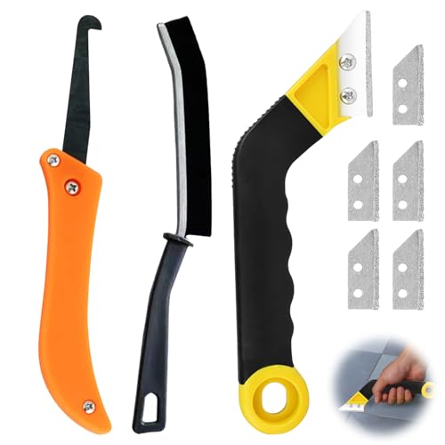 Huybaa 8PCS Rascador Juntas Azulejos, Removedor de Lechada con 5 Cuchillas de Repuesto y Cepillo de Aleación, Herramienta Profesional para Limpieza de Azulejos de Baño y Cocina