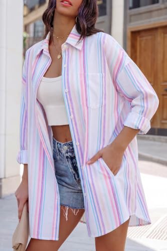 Image of FSHAOES Womens Oversized Button Down Shirts Casual Loose Long Sleeve Solid Lapel Long Blouses Tops with Pockets