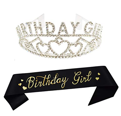 Dgasin Birthday Girl Tiara and Sash Happy Birthday Party Supplies Crystal Tiara 5th 6th 7th 8th 10th 12th 13th 15th 16th 18th 20th 21st 30th 35th 40th 50th 60th Birhtday Sliver