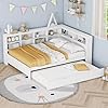 Merax Full Size Daybed with Trundle, Wooden Full Daybed Frame with with Storage Shelf and USB Charging Ports, White