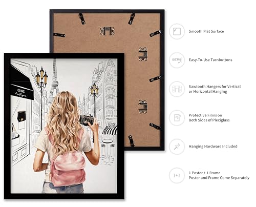 Image of Poster Master Fashion Poster - Lady With A Camera Print - Trendy Art - Paris Art - Modern Art - Gift for Women & Fashionista - Glamour Wall Decor for Bedroom or Girl's Room, 11x14 Black Framed