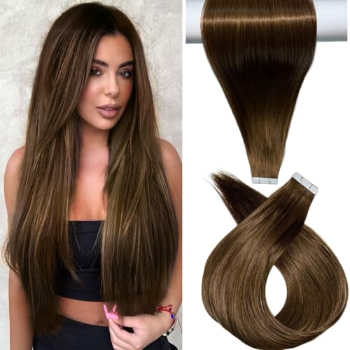 Image of Tape in Hair Extensions,20pcs 50g 24 Inch Balayage Chocolate Brown to Caramel Hair Extensions Straight Tape in Extensions Double Sided for Skin Weft Synthetic Hair