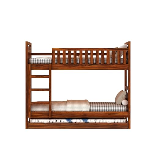 Image of Ganpati Arts Solid Sheesham Wood Swift Bunk Bed With Trundle Wooden Bunk Bed With Ladder For Bedroom Living Room Home (Natural Finish), Double