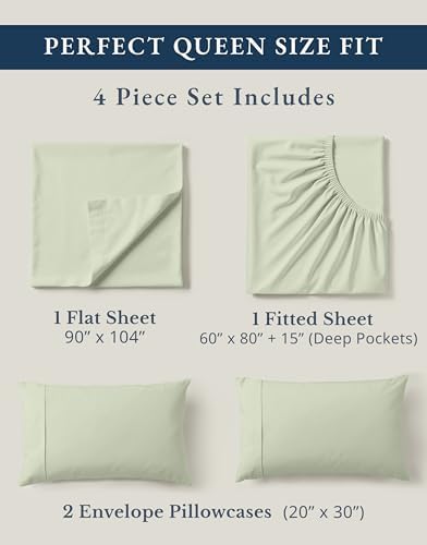 Lane Linen 100% Organic Cotton Queen Sheet Set, 4-Piece Percale Bed Sheets for Queen Bed - Soft, Breathable, Hypoallergenic, Deep Pocket Fits Mattress Up to 15" Deep, Hotel Quality Sheets - Mineral - 3