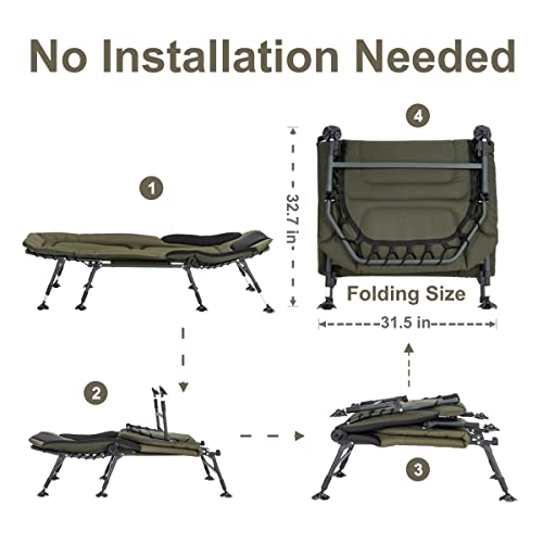 Yougym Xxl Camping Cot For Adults 330Lbs With Carry Bag, Heavy Duty Folding Bed With Soft Padded Cushion, Portable Camp Bed For Hunting, 180° Adjustable Reclining Outdoor Lounger, Green #TOP3