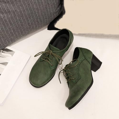 Women's Lace Up Wingtip Oxfords Pumps Block Mid Heel Round Toe Perforated Vintage Brogues Dress Shoes4