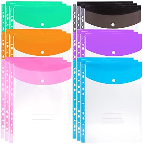 Plastic Wallets A4 Punched Pockets  12PCS Expandable A4 Plastic Wallets Folders Document Files Popper Wallets with Button Closure and Label Pocket for Home, Office and School Files, Assorted Colours