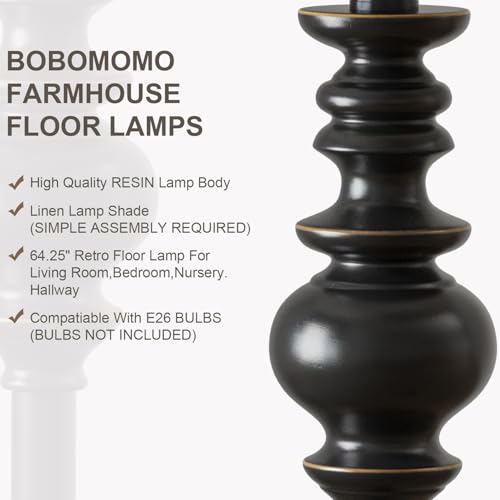 Image of BOBOMOMO 64.25 inch Farmhouse Floor Lamp with Remote, Dimmable Black Floor Lamp with Adjustable Color Temperatures, Tall Standing Lamps for Living Room Corner, Bedroom & Office, 9W Bulb Included