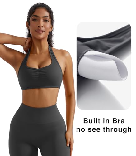 Image of OMKAGI Halter Sports Bras for Women Open Back Workout Bras Padded Yoga Bra Gym Tops