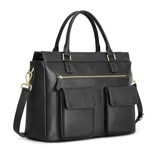 Kattee Leather Briefcase for Women, 15 Inches Laptop Bag, Work Tote with Luggage/Shoulder Strap, Black